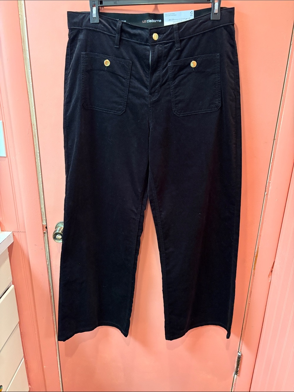 Liz Claiborne Black Wide-Leg Corduroy Pants with Gold Buttons